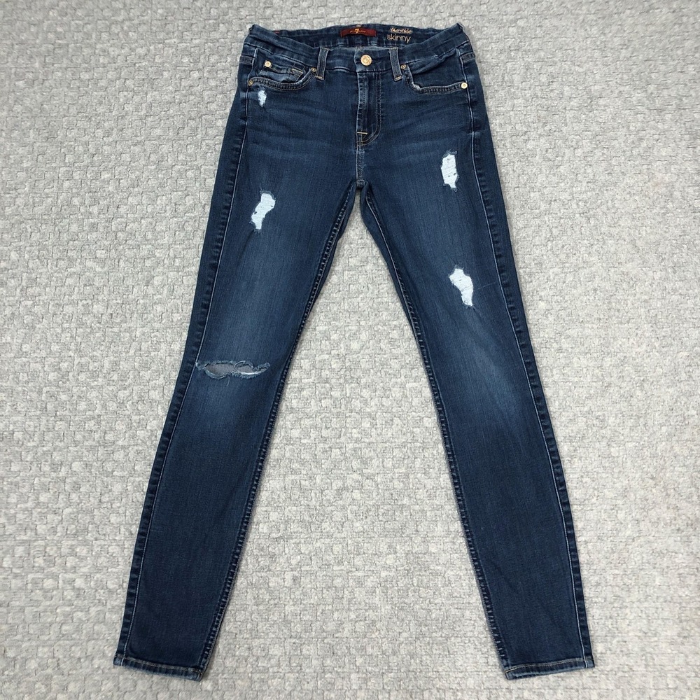 7 For All Mankind Ankle Skinny Jeans Womens 27 Blue Med Wash Stretch Distressed